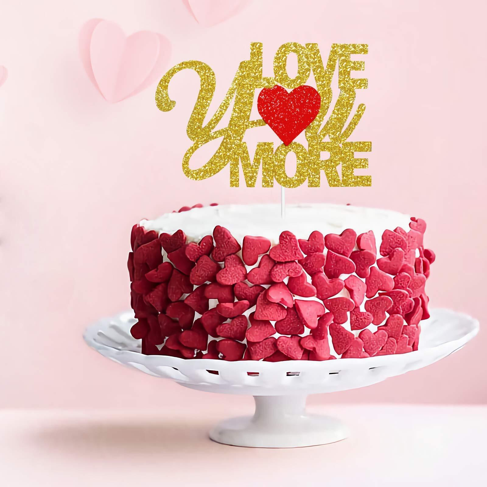 Festiko Gold Glitter Love You More Cake Topper, Be Mine Cake Topper, Bridal Shower, Wedding Anniversary Cake Decor, Valentines Day Party Decorations Supplies