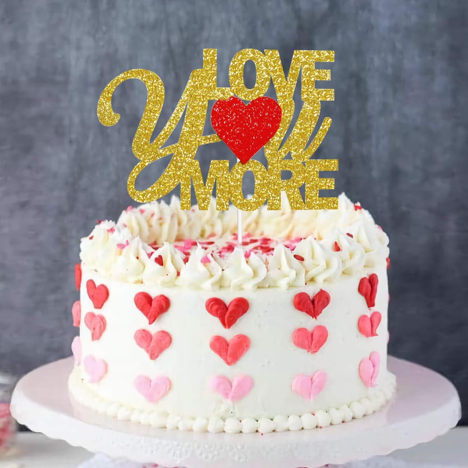 Festiko Gold Glitter Love You More Cake Topper, Be Mine Cake Topper, Bridal Shower, Wedding Anniversary Cake Decor, Valentines Day Party Decorations Supplies