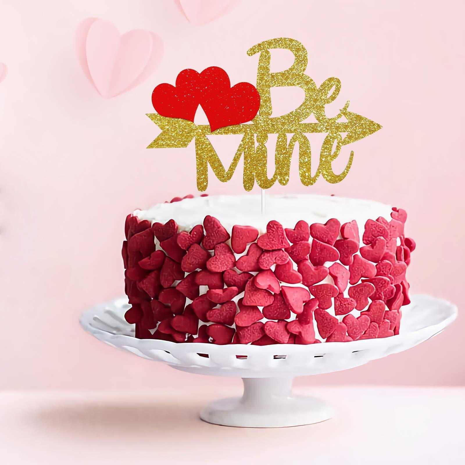 Festiko Gold Glitter Be Mine Cake Topper, Valentines Day Cake Topper, Bouquet Topper, Valentines Day Party Decorations, Valentines Shower Supplies