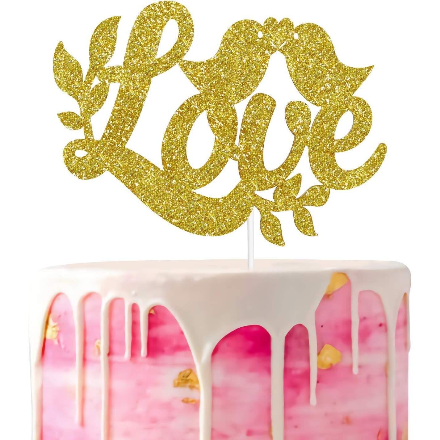 Festiko Gold Glitter Love Cake Topper, Love Birds Cake Topper, Bridal Shower Wedding Decoration, Valentines Day Party Supplies