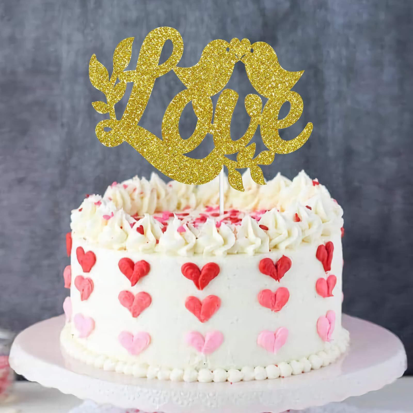 Festiko Gold Glitter Love Cake Topper, Love Birds Cake Topper, Bridal Shower Wedding Decoration, Valentines Day Party Supplies