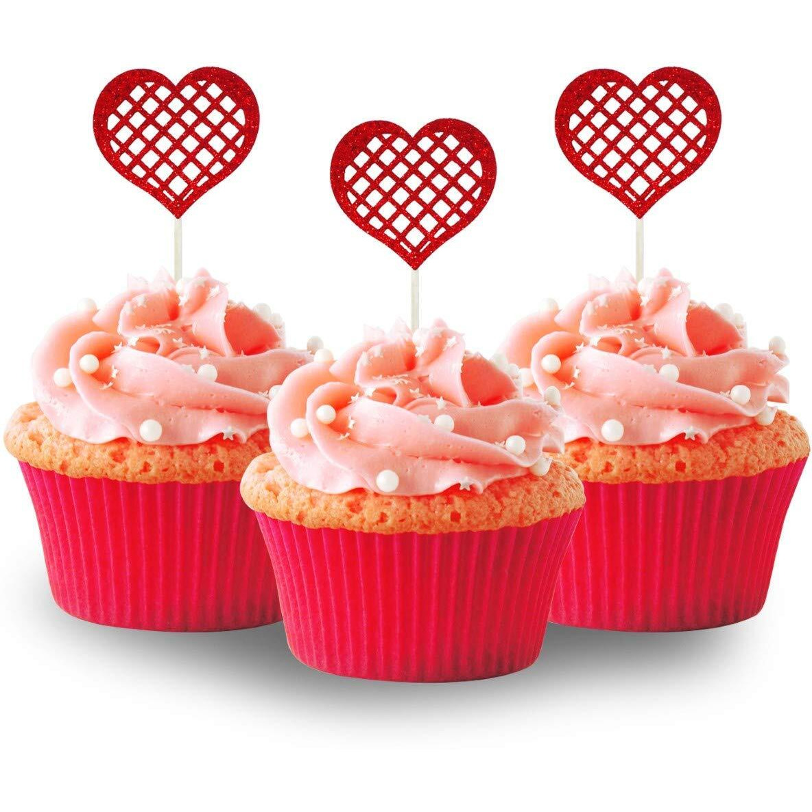 Festiko 30 Pieces Red Heart Valentines Day Cupcake Topper Glitter Foamy Wedding, Weddings, Bridal Shower.