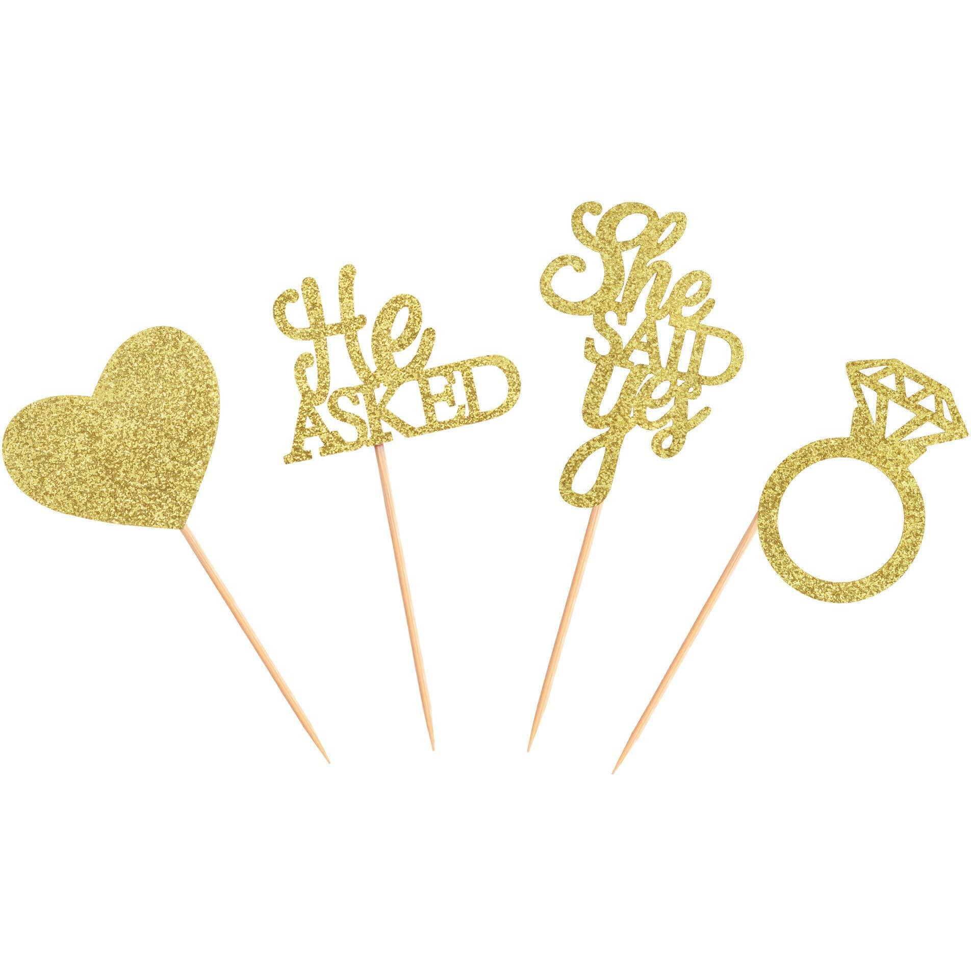 Festiko 20 Pack He Asked She Said Yes Cupcake Toppers Glitter Heart Ring Cupcake Picks Wedding Engagement Bridal Shower Party Cake Decorations Supplies