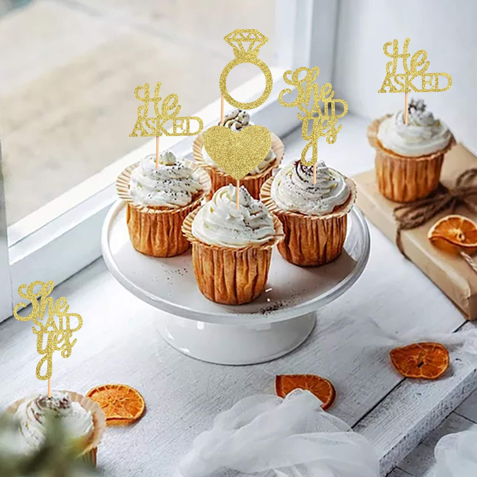 Festiko 20 Pack He Asked She Said Yes Cupcake Toppers Glitter Heart Ring Cupcake Picks Wedding Engagement Bridal Shower Party Cake Decorations Supplies