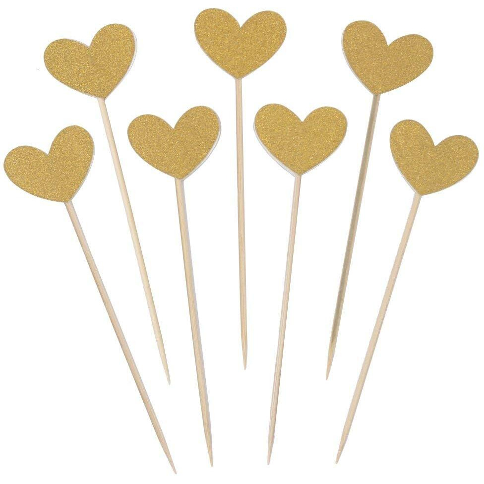 Festiko 7 Pieces Gold Glitter Heart Cupcake Toppers For Wedding Birthday Party