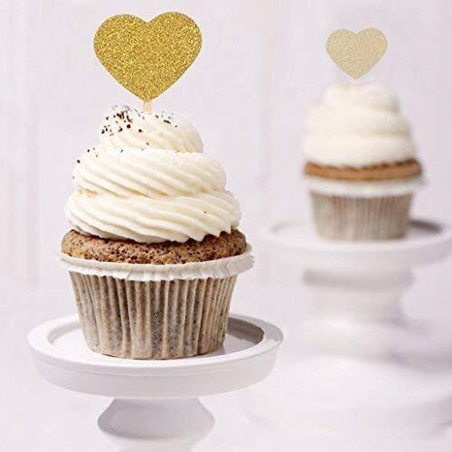 Festiko 7 Pieces Gold Glitter Heart Cupcake Toppers For Wedding Birthday Party