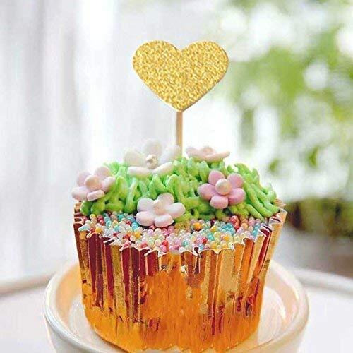 Festiko 7 Pieces Gold Glitter Heart Cupcake Toppers For Wedding Birthday Party