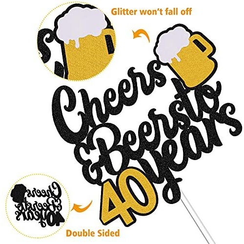Festiko 40th Birthday Cake Topper Cheers to 40 Years Decor for Men Women Him Her Happy 40th Birthday Wedding Anniversary Party Supplies Black Glitter Decorations