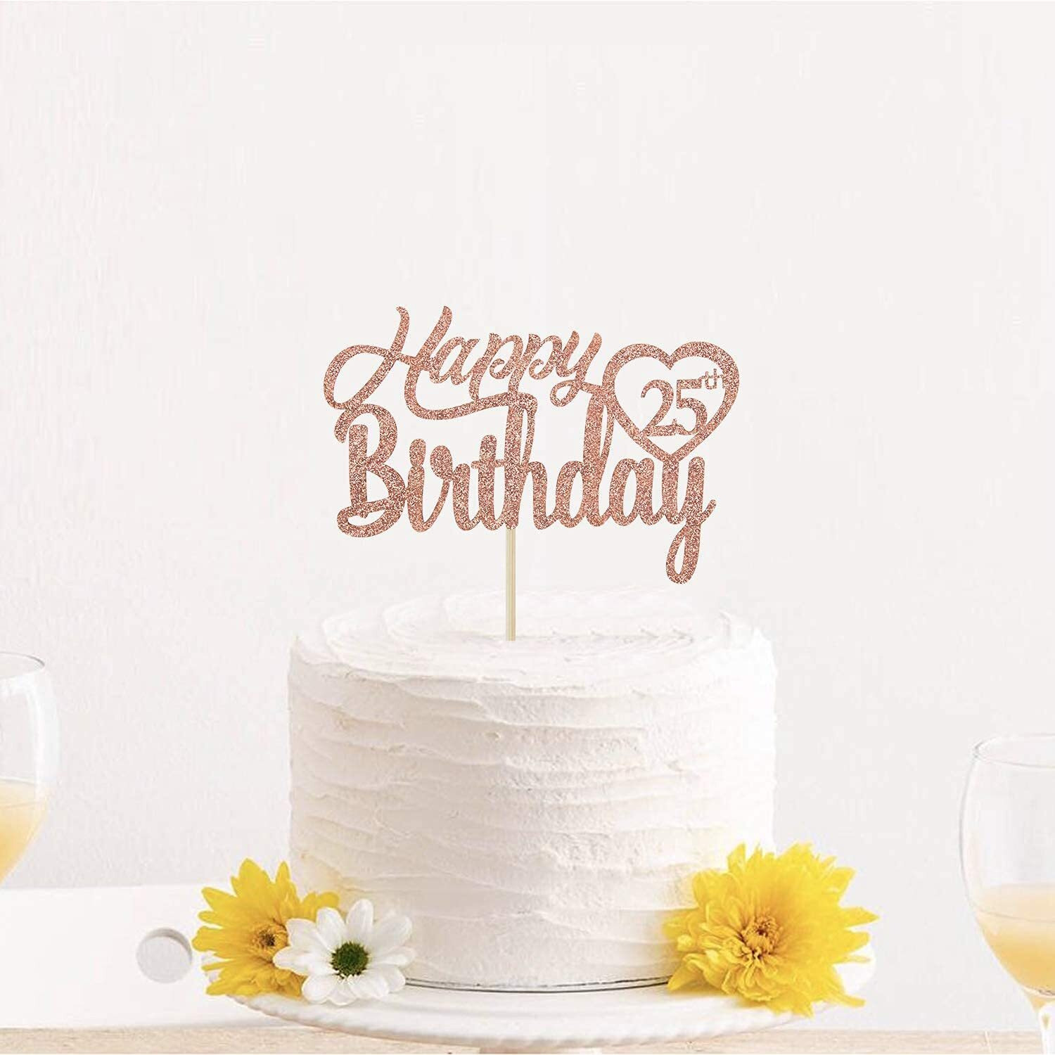 Festiko Rose Gold Glitter Happy 25th Birthday Cake Topper, Hello 25, Cheers to 25 Years Old, 25 Years Old Party Decoration Supplies