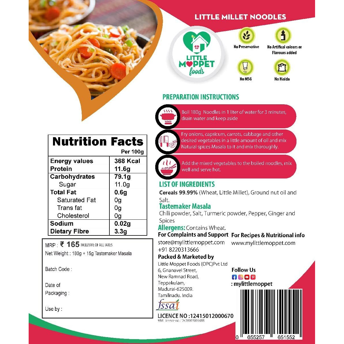 Little Moppet Foods Little Millet Noodles, Vegetarian, Pack Of 2, 195 Grams Each