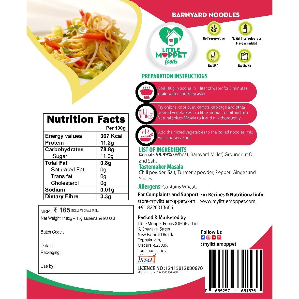 Little Moppet Foods Vegetarian Noodles, Calcium, Natural - 195 Gm (Barnyard Noodles)