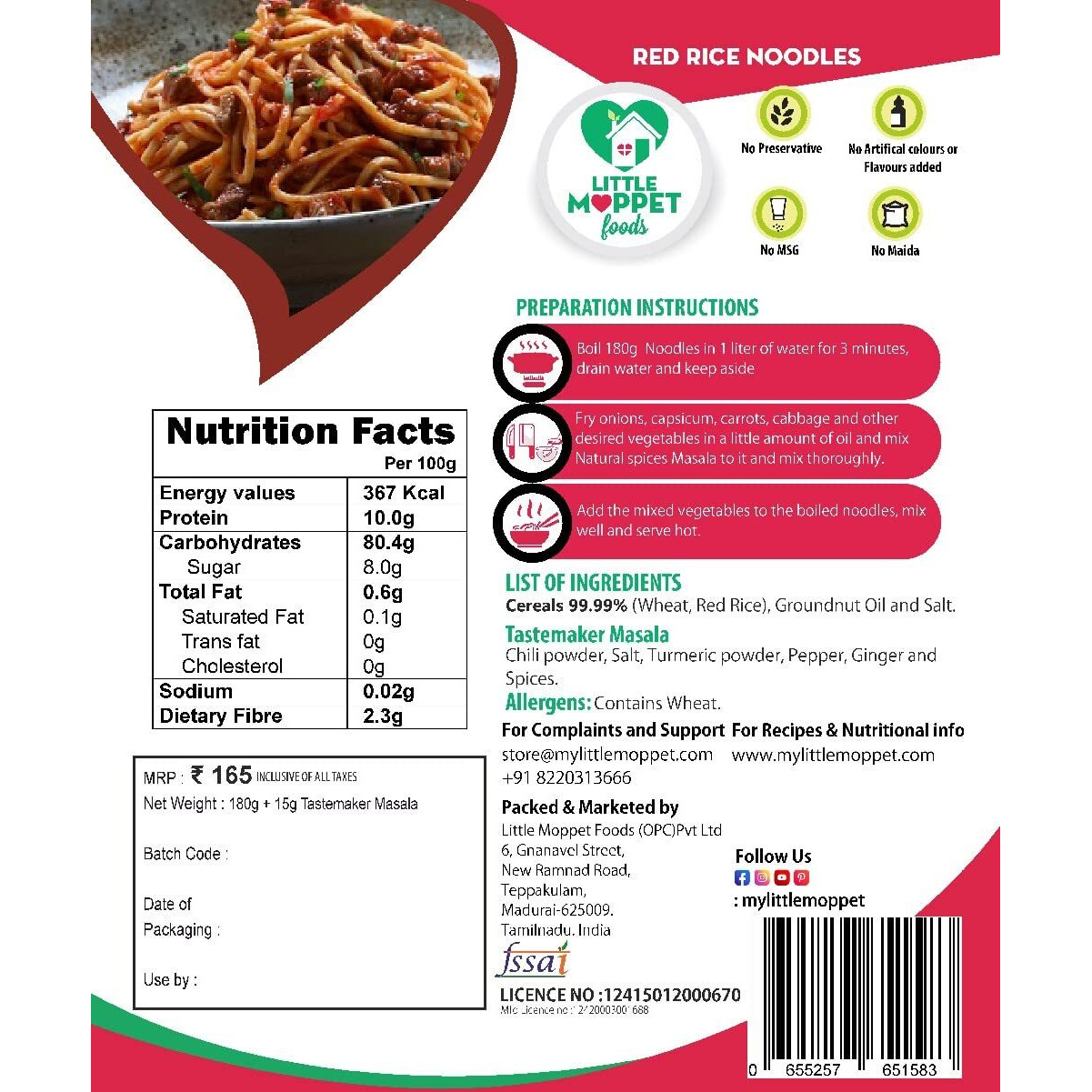 Little Moppet Foods Certified Organic Noodles - 195 grams (Red Rice Noodles)