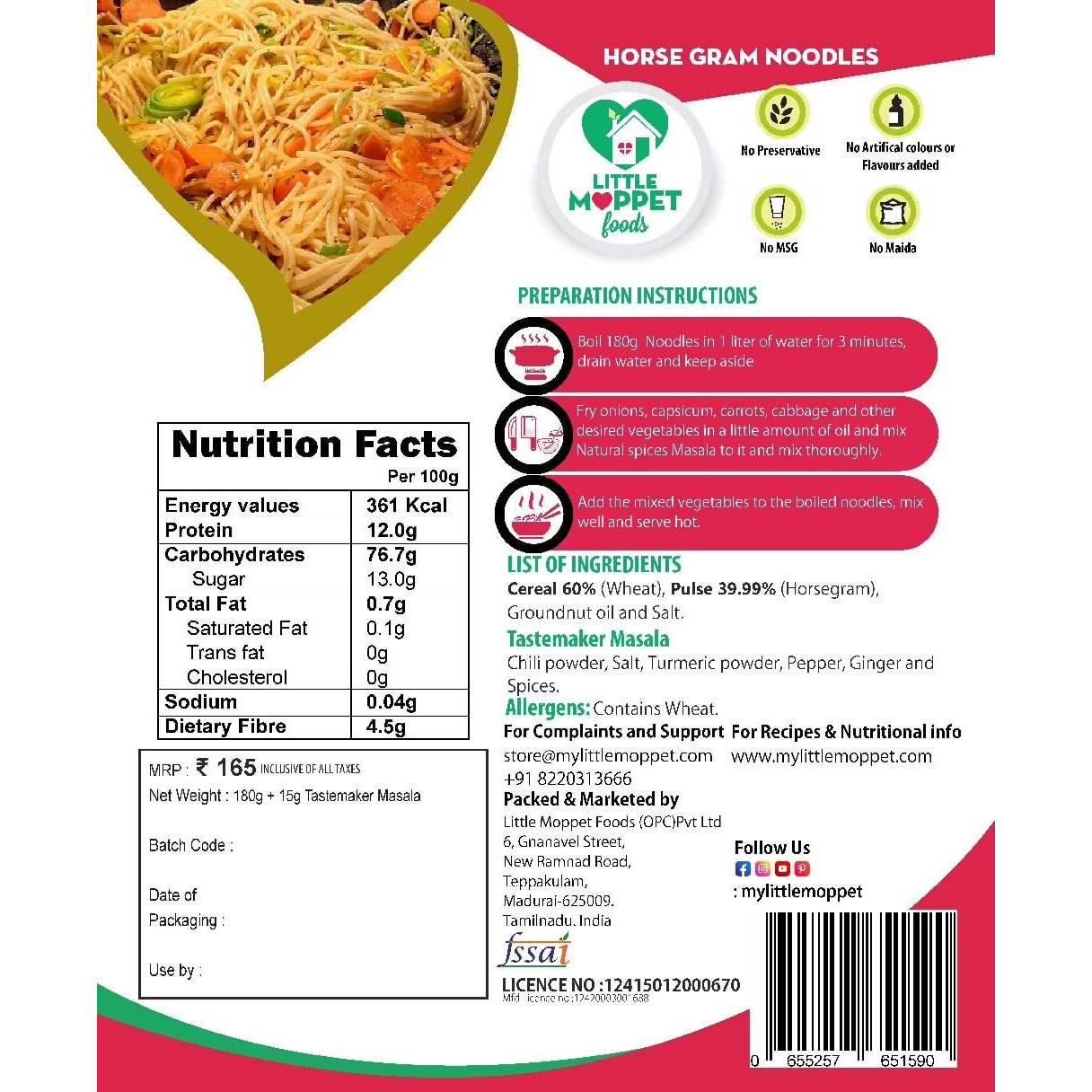 Little Moppet Foods Noodles - 195G (Horse Gram Noodles), Preservative Free