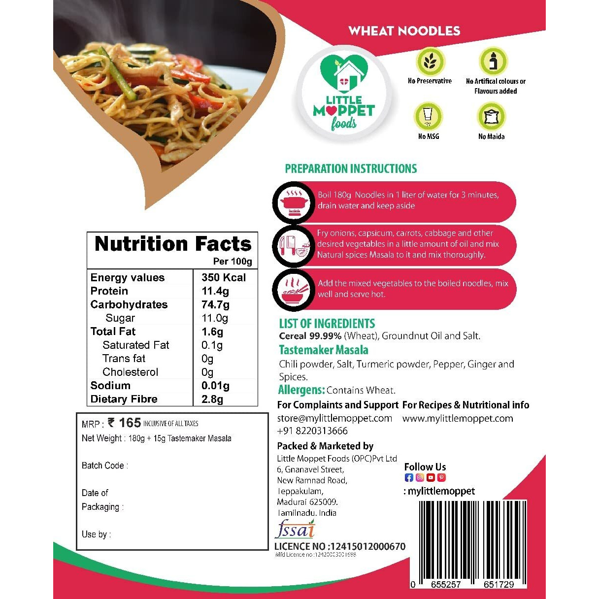 Little Moppet Foods Noodles - (Wheat Noodles), Preservative Free, 195 Gram