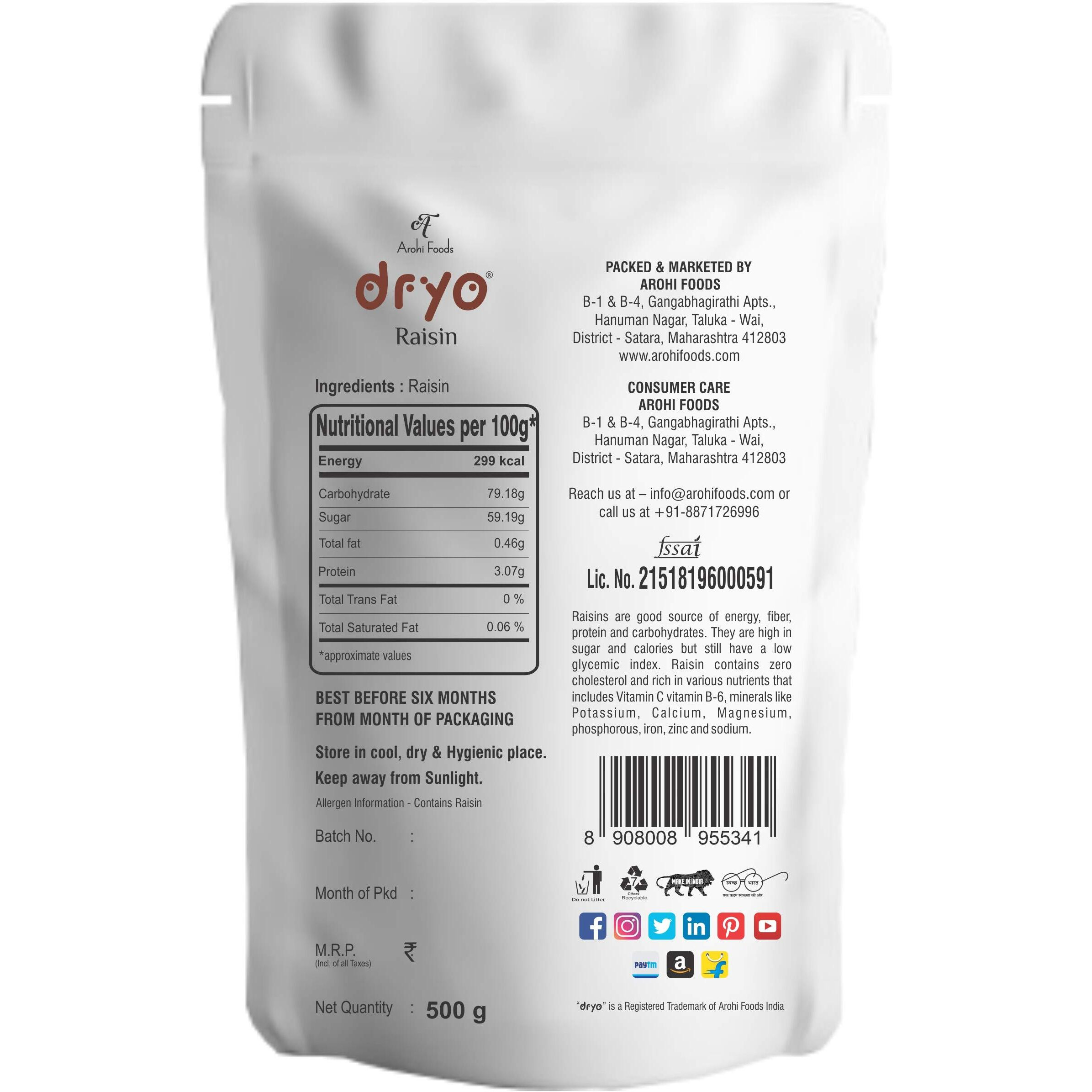 Dryo Premium Natural Healthy Raisin/Kishmish Plastic Jar, 500 gm