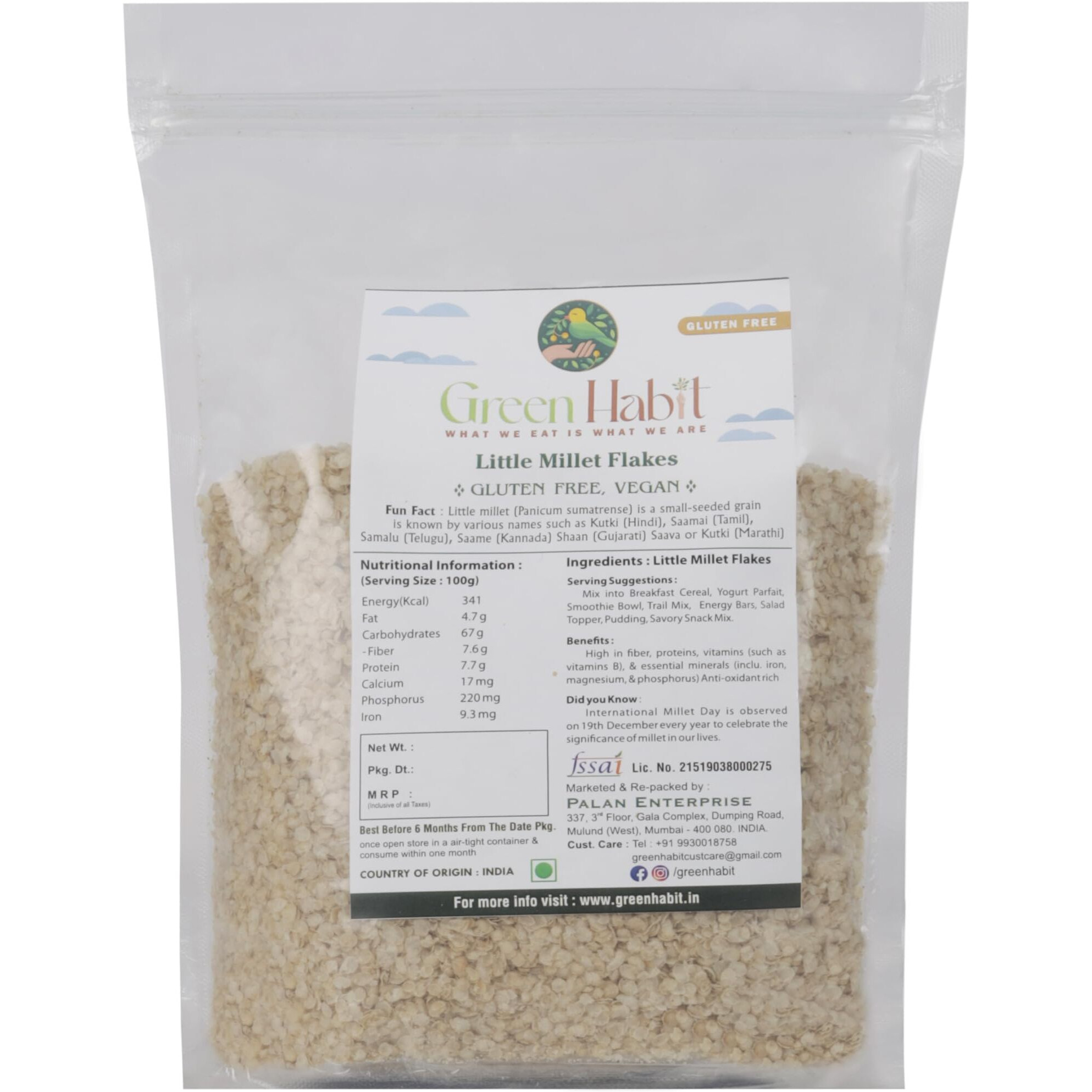 GreenHabit Little Millet Flakes 1kg - Nutritious and Gluten-Free Millets Cereals a.k.a Samai Poha- High Fiber Breakfast (Little millet flakes, 1 kg)
