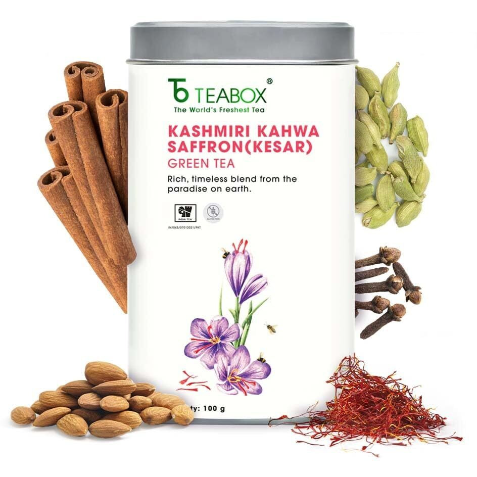 Teabox Fresh Kashmiri Kahwa Saffron (Kesar) Green Tea | Green Tea Handblended with Natural Saffron, Almond, Cardamom & Cloves | 100% Natural Ingredients, 100 Grams