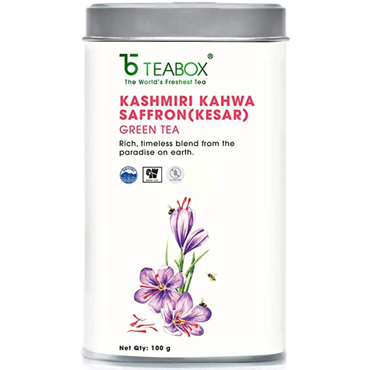 Teabox Fresh Kashmiri Kahwa Saffron (Kesar) Green Tea | Green Tea Handblended with Natural Saffron, Almond, Cardamom & Cloves | 100% Natural Ingredients, 100 Grams