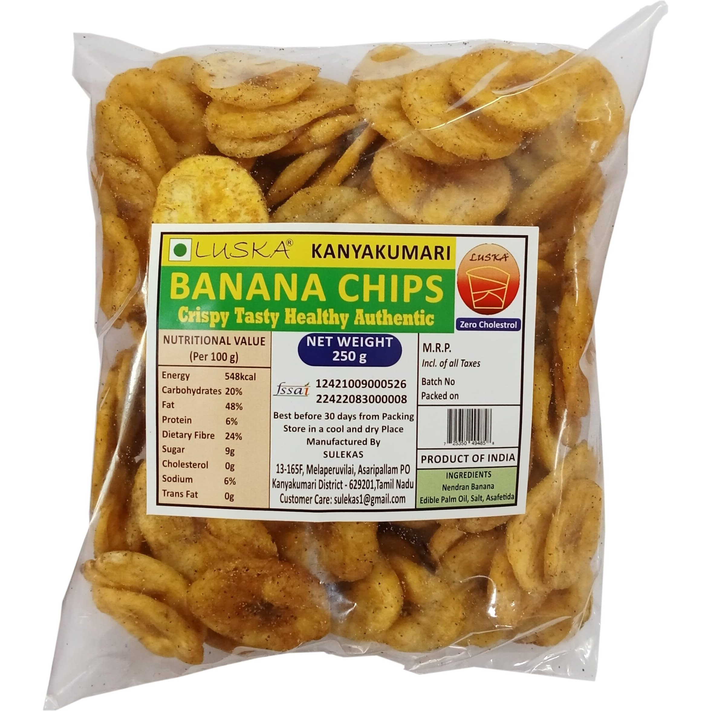 LUSKA Kanyakumari Banana Chips, 250 grams, Authentic Nendran Plantain Chips (250g) | Zero Cholesterol