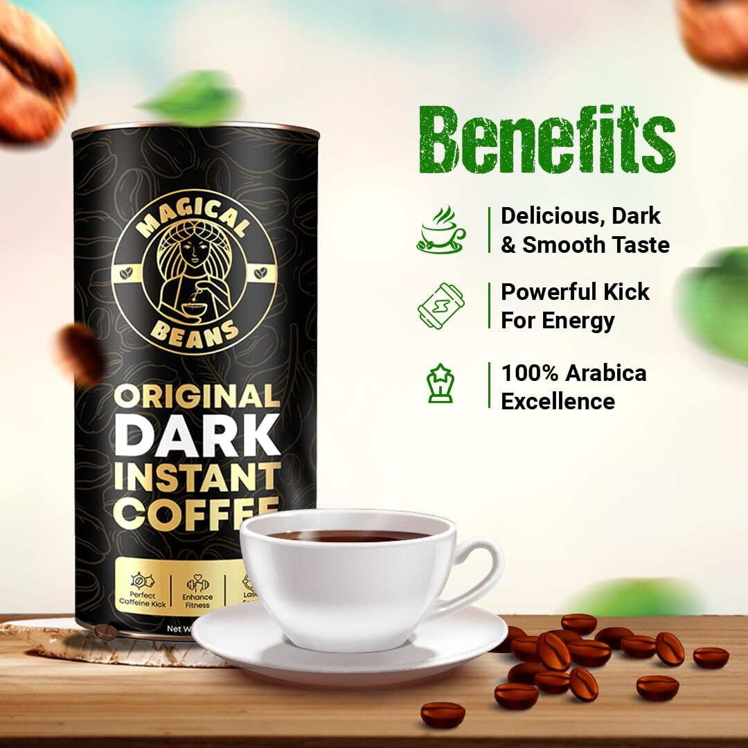 Magical Beans 50gm Original Premium dark Instant Coffee | 100% Arabica | Strong & Delicious Coffee | Rich & Smooth Aroma | Make Caf Style Hot or Cold Coffee, Cappuccino, Espresso, Latte at Home Perfect for Working Professional and Gym Lover