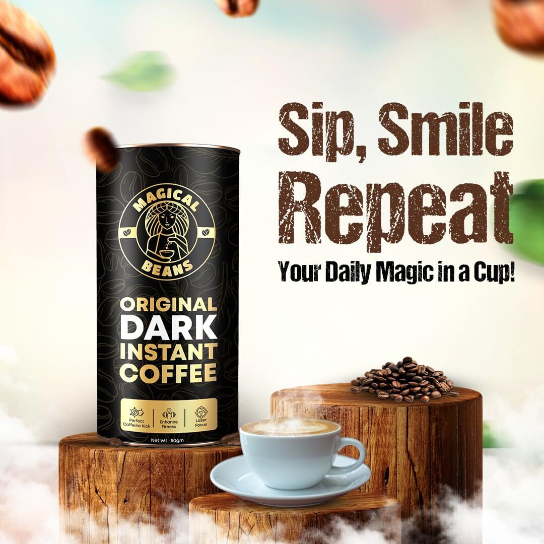 Magical Beans 50gm Original Premium dark Instant Coffee | 100% Arabica | Strong & Delicious Coffee | Rich & Smooth Aroma | Make Caf Style Hot or Cold Coffee, Cappuccino, Espresso, Latte at Home Perfect for Working Professional and Gym Lover