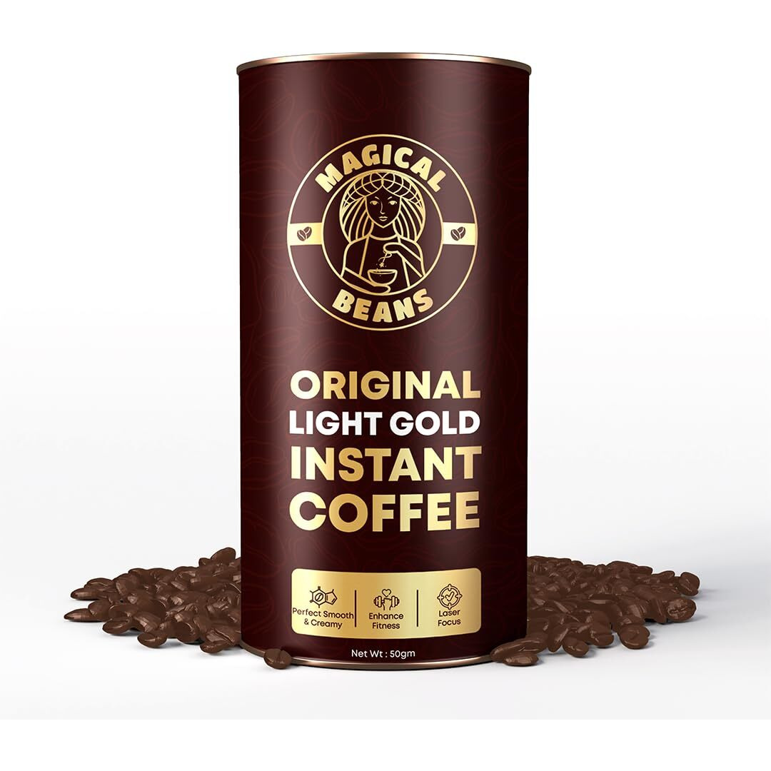 Magical Beans 50gm Original Premium Light Gold Barista Instant Coffee | 100% Arabica with 60 aglo arabica and 40% aromatic chicory | Strong & Delicious Coffee | Rich & Smooth Aroma | Make Caf Style Hot or Cold Coffee, Cappuccino, Espresso, Latte at Home Perfect for Working Professional and Gym Lover