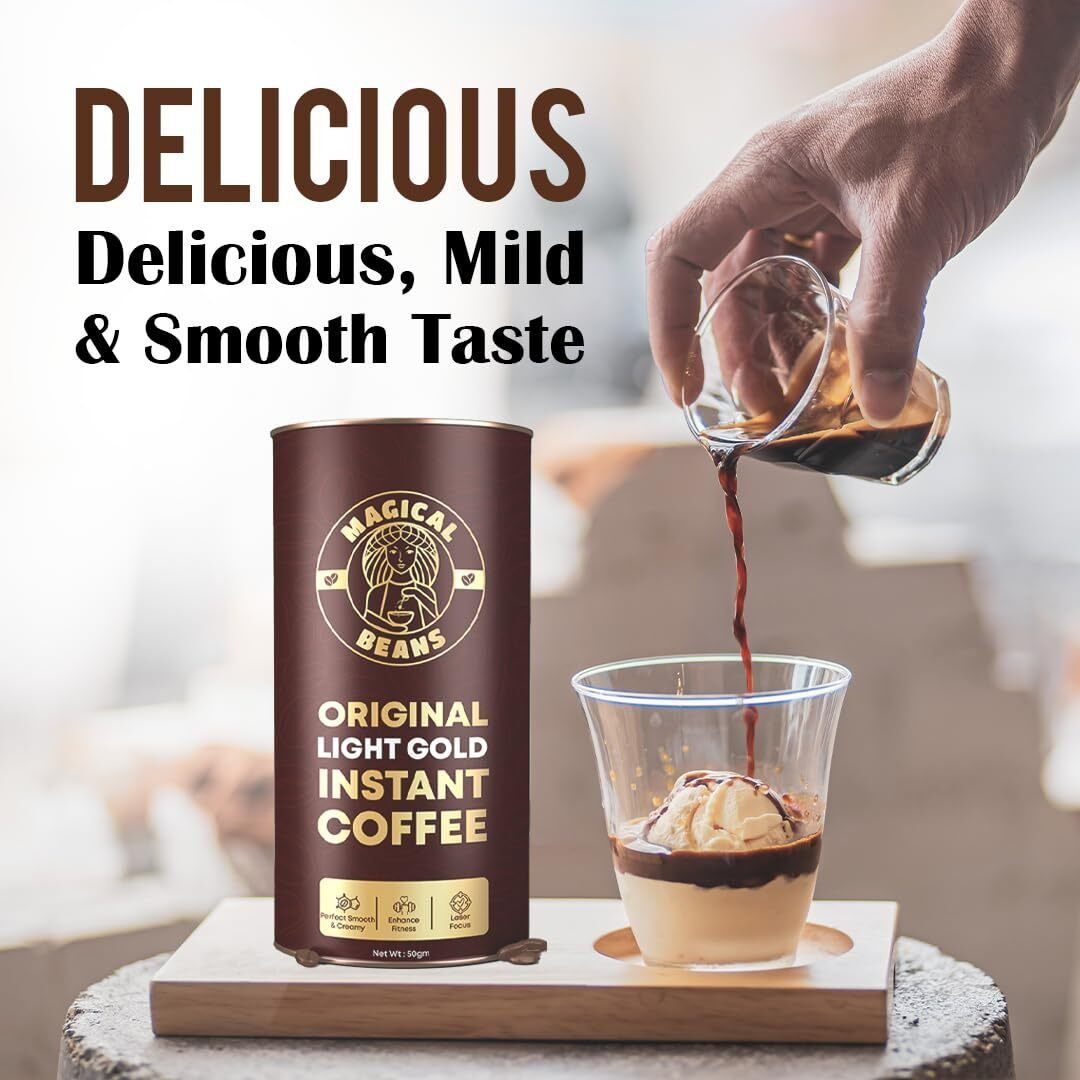 Magical Beans 50gm Original Premium Light Gold Barista Instant Coffee | 100% Arabica with 60 aglo arabica and 40% aromatic chicory | Strong & Delicious Coffee | Rich & Smooth Aroma | Make Caf Style Hot or Cold Coffee, Cappuccino, Espresso, Latte at Home Perfect for Working Professional and Gym Lover