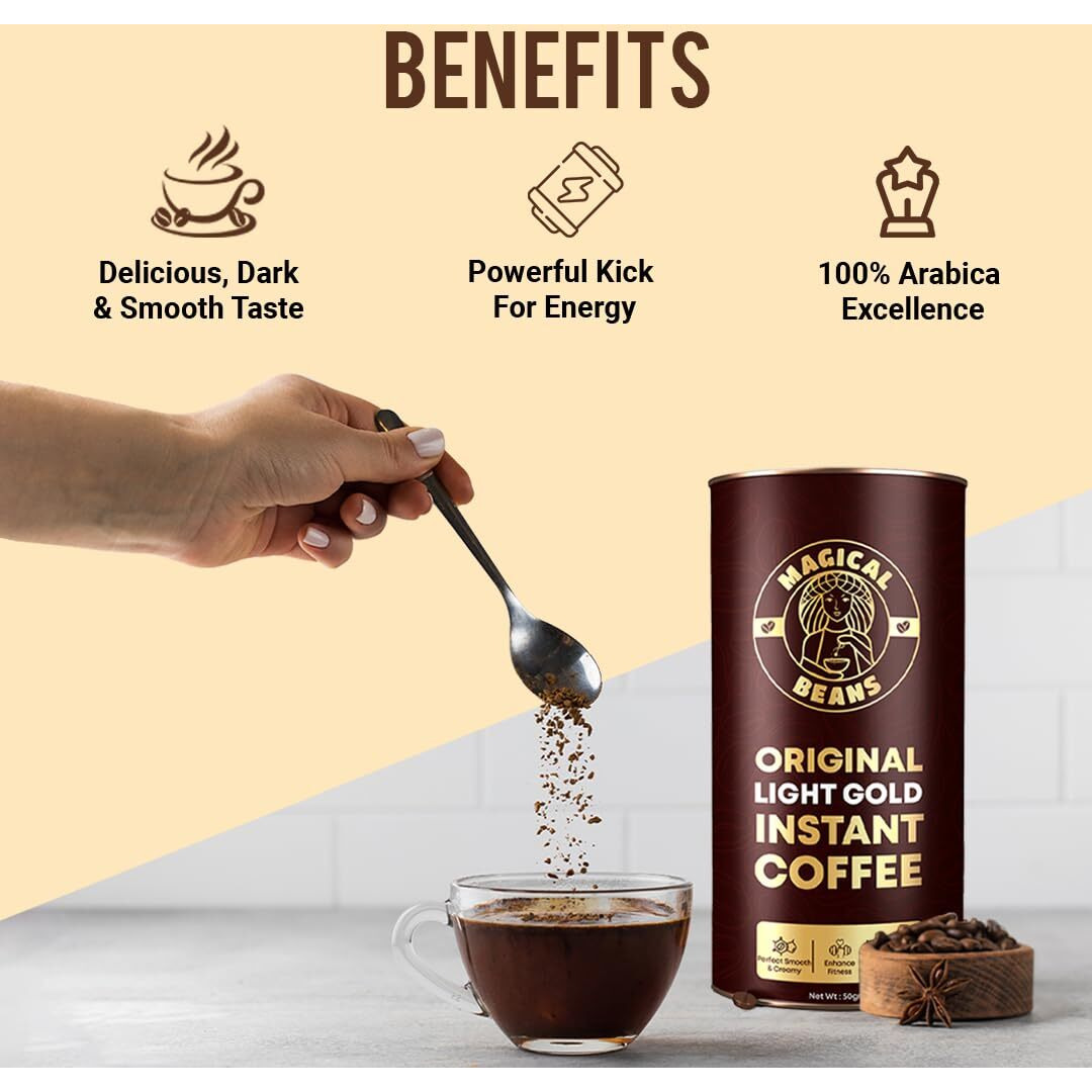 Magical Beans 50gm Original Premium Light Gold Barista Instant Coffee | 100% Arabica with 60 aglo arabica and 40% aromatic chicory | Strong & Delicious Coffee | Rich & Smooth Aroma | Make Caf Style Hot or Cold Coffee, Cappuccino, Espresso, Latte at Home Perfect for Working Professional and Gym Lover