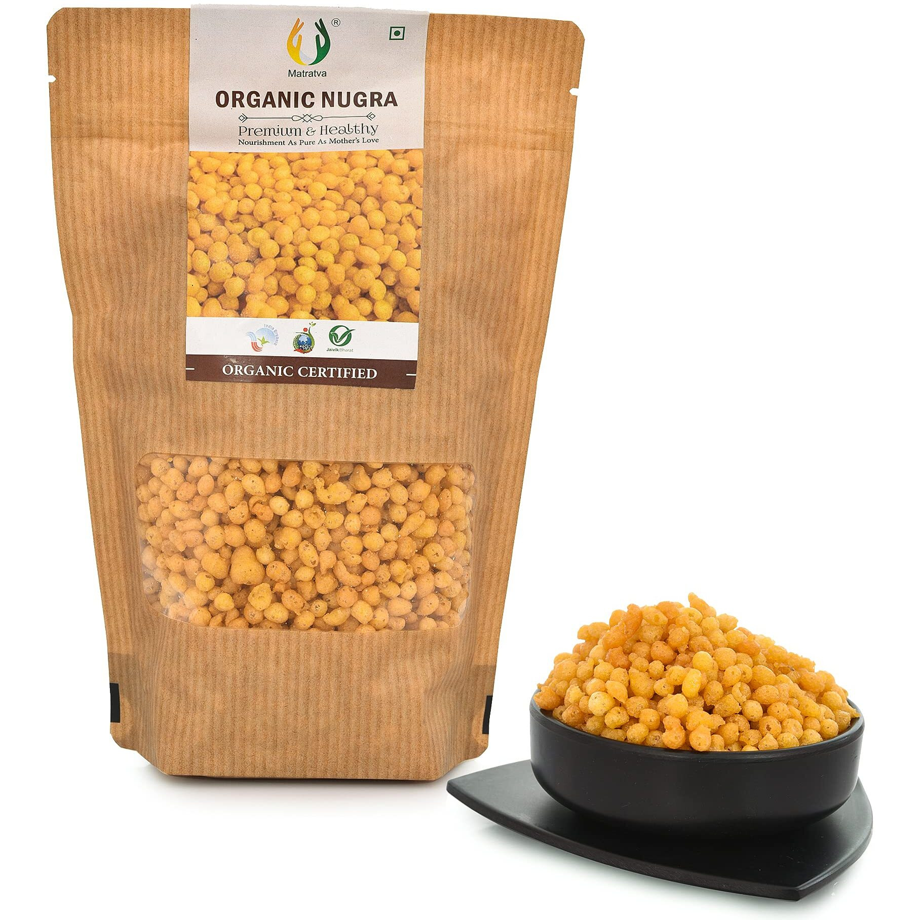 Matratva Organic Raita Boondi Nugrey 500 gm | Rayta Bundi | Crispy & Crunchy Boondi | Fried in Cold Pressed Groundnut Oil | Organic Namkeen | Healthy Indian Snacks | No Preservatives