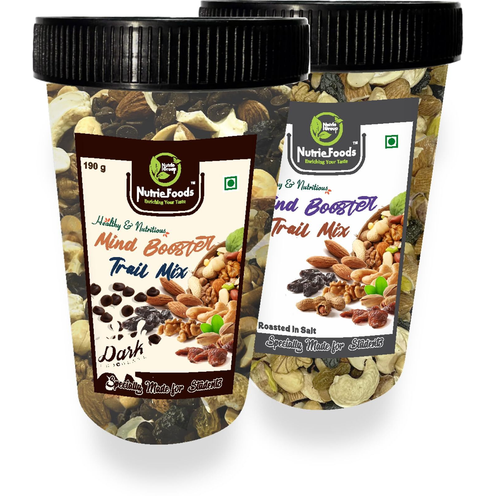 Nutriefoods Nutritious Mind Booster Roasted Snacks Trail Mix | Blend of Dried Fruits & Nuts | In Reusable Plastic Glass | Combo Pack of Classic- Roasted in Salt & Dark Chocolate Chips (380g)