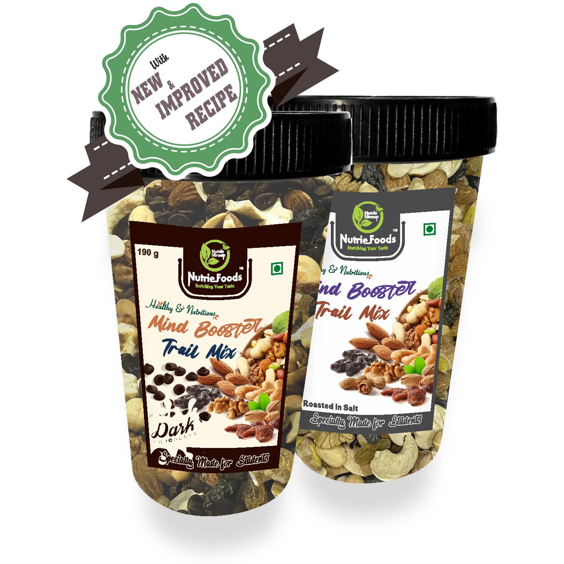 Nutriefoods Nutritious Mind Booster Roasted Snacks Trail Mix | Blend of Dried Fruits & Nuts | In Reusable Plastic Glass | Combo Pack of Classic- Roasted in Salt & Dark Chocolate Chips (380g)