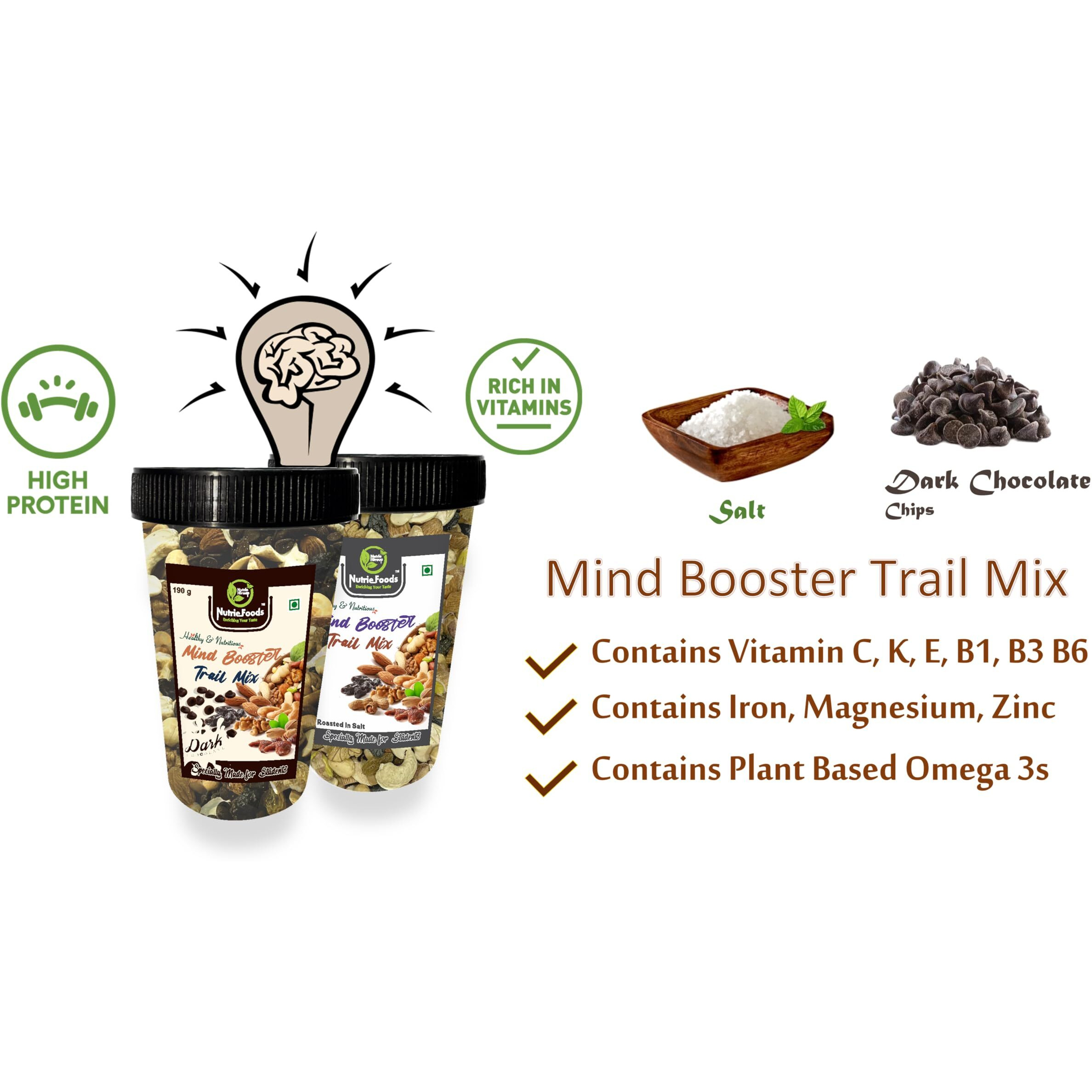 Nutriefoods Nutritious Mind Booster Roasted Snacks Trail Mix | Blend of Dried Fruits & Nuts | In Reusable Plastic Glass | Combo Pack of Classic- Roasted in Salt & Dark Chocolate Chips (380g)