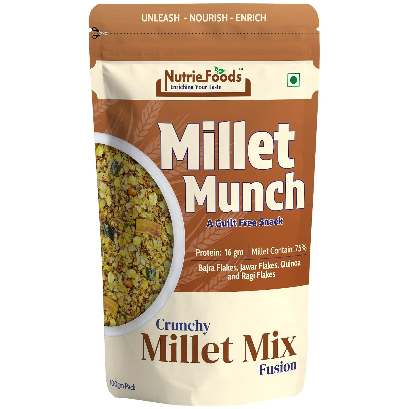 Nutriefoods Millet Munch Snack, 100% Roasted Millets & Guilt Free Snack, Nutritious Munch, Bajra, Jawar, Ragi, Qquinoa, Foxtail Snack (Crispy Millet Mix Fusion (Pack of 1), 100gm)