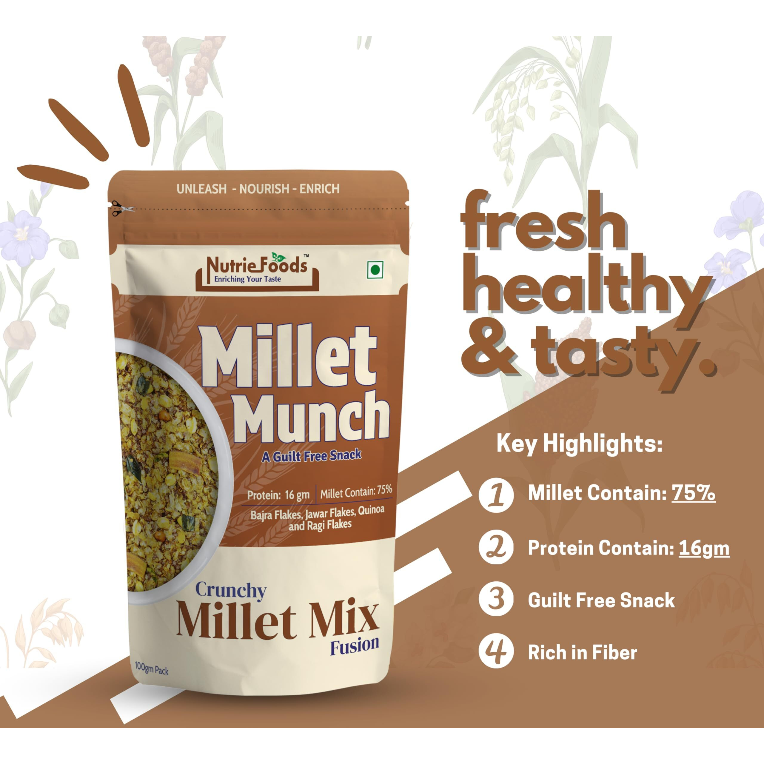 Nutriefoods Millet Munch Snack, 100% Roasted Millets & Guilt Free Snack, Nutritious Munch, Bajra, Jawar, Ragi, Qquinoa, Foxtail Snack (Crispy Millet Mix Fusion (Pack of 1), 100gm)