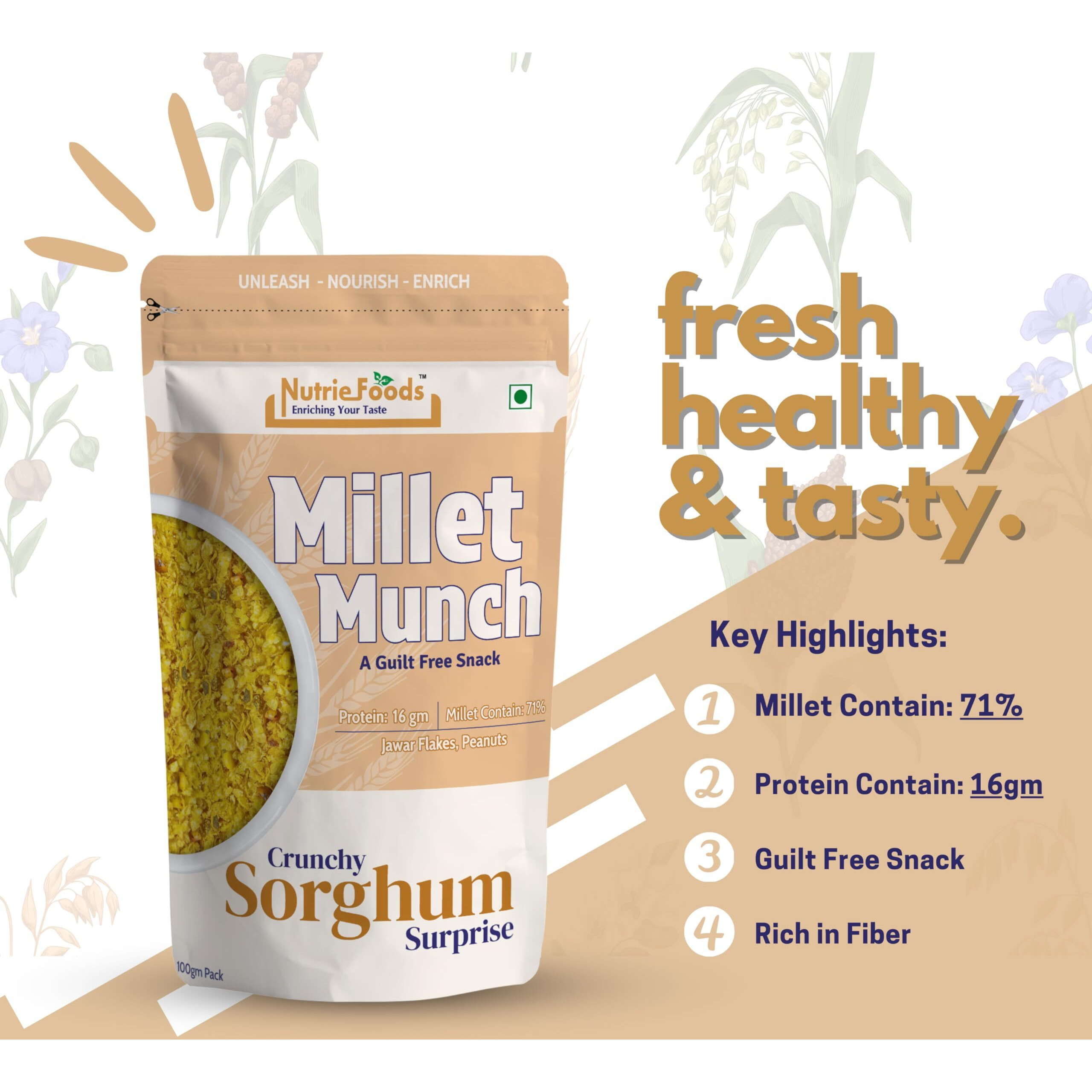 Nutriefoods Millet Munch Snack, 100% Roasted Millets & Guilt Free Snack, Nutritious Munch, Bajra, Jawar, Ragi, Qquinoa, Foxtail Snack (Crunchy Sorghum Surprise (Pack of 2), 200gm)