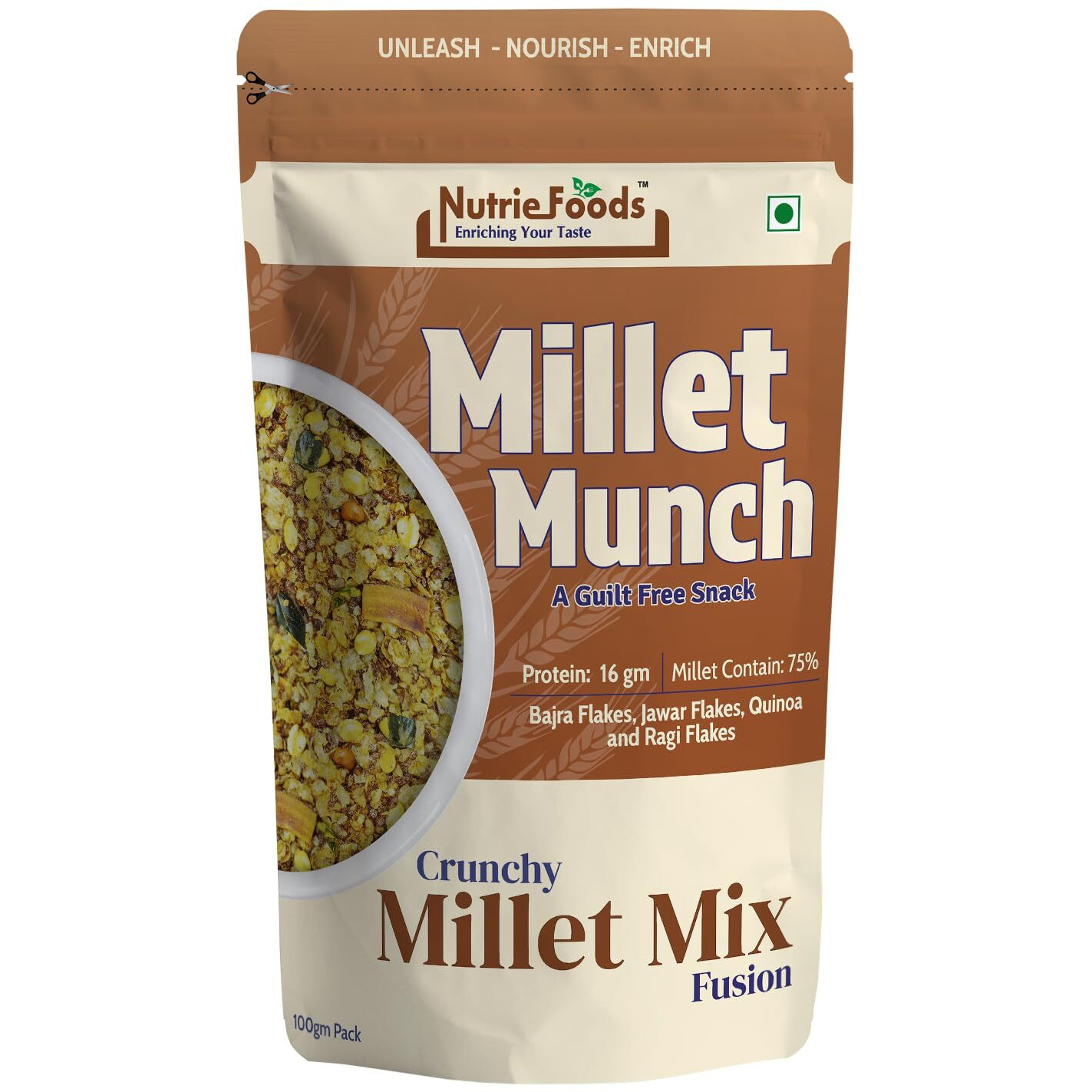Nutriefoods Millet Munch Snack, 100% Roasted Millets & Guilt Free Snack, Nutritious Munch, Bajra, Jawar, Ragi, Qquinoa, Foxtail Snack (Crispy Millet Mix Fusion (Pack of 2), 200gm)