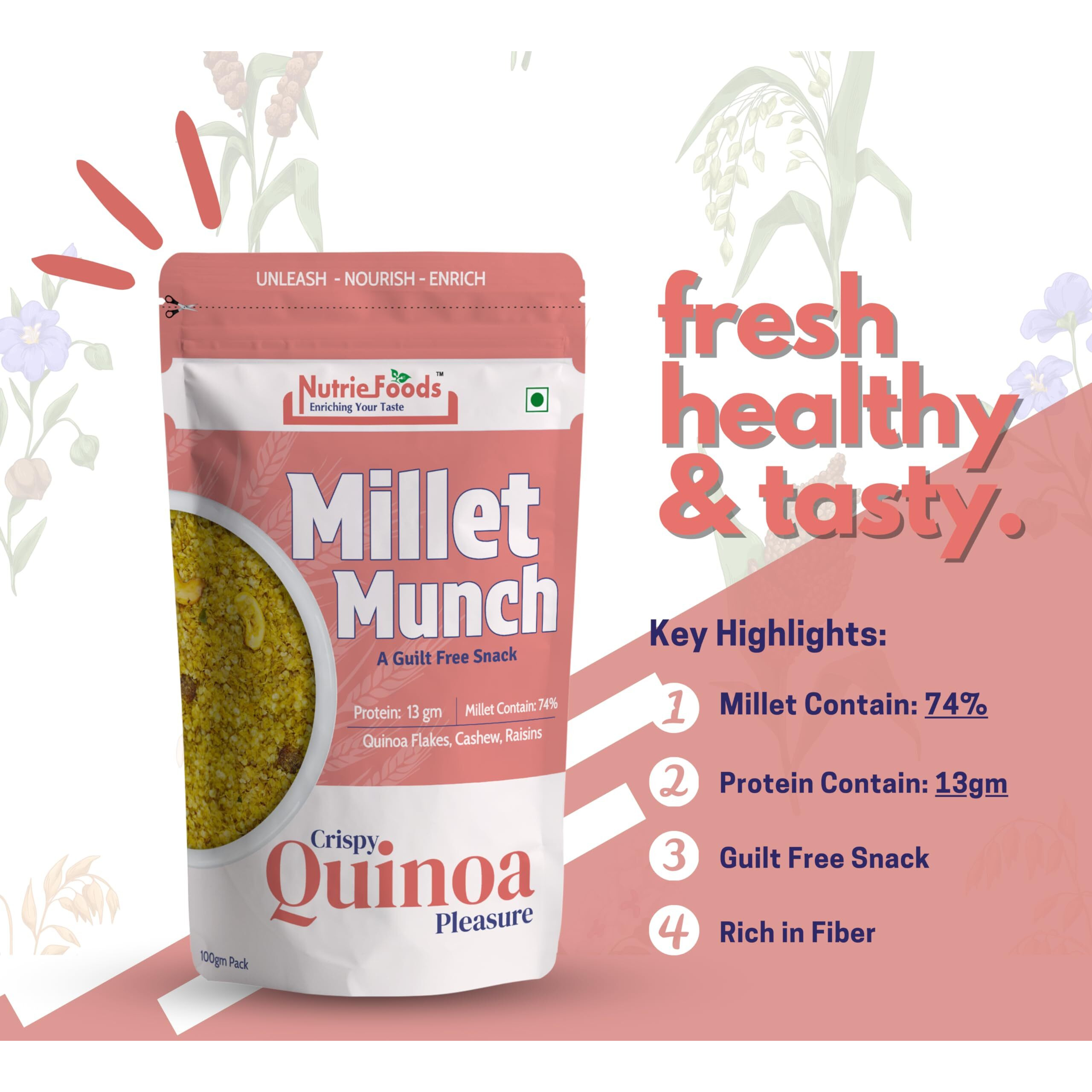 Nutriefoods Millet Munch Snack, 100% Roasted Millets & Guilt Free Snack, Nutritious Munch, Bajra, Jawar, Ragi, Qquinoa, Foxtail Snack (Crispy Quinoa Pleasure (Pack of 2), 200gm)