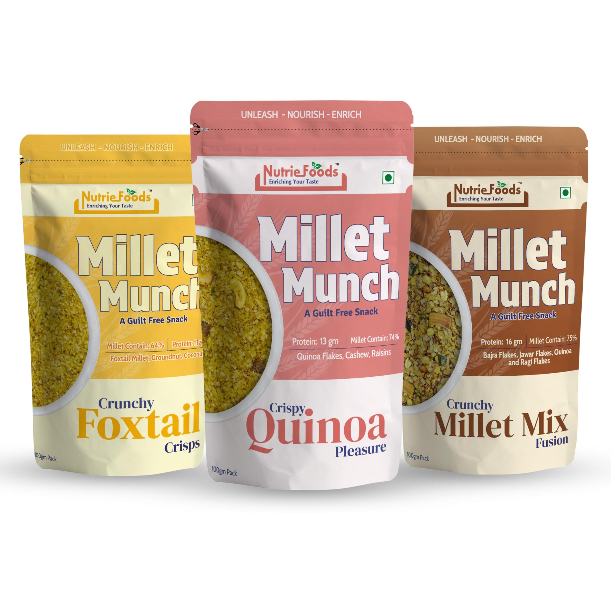 Nutriefoods Millet Munch Snack, 100% Roasted Millets & Guilt Free Snack, Nutritious Munch, Bajra, Jawar, Ragi, Qquinoa, Foxtail Snack (Foxtail, Millet Mix and Quinoa (Pack of 3), 300gm)