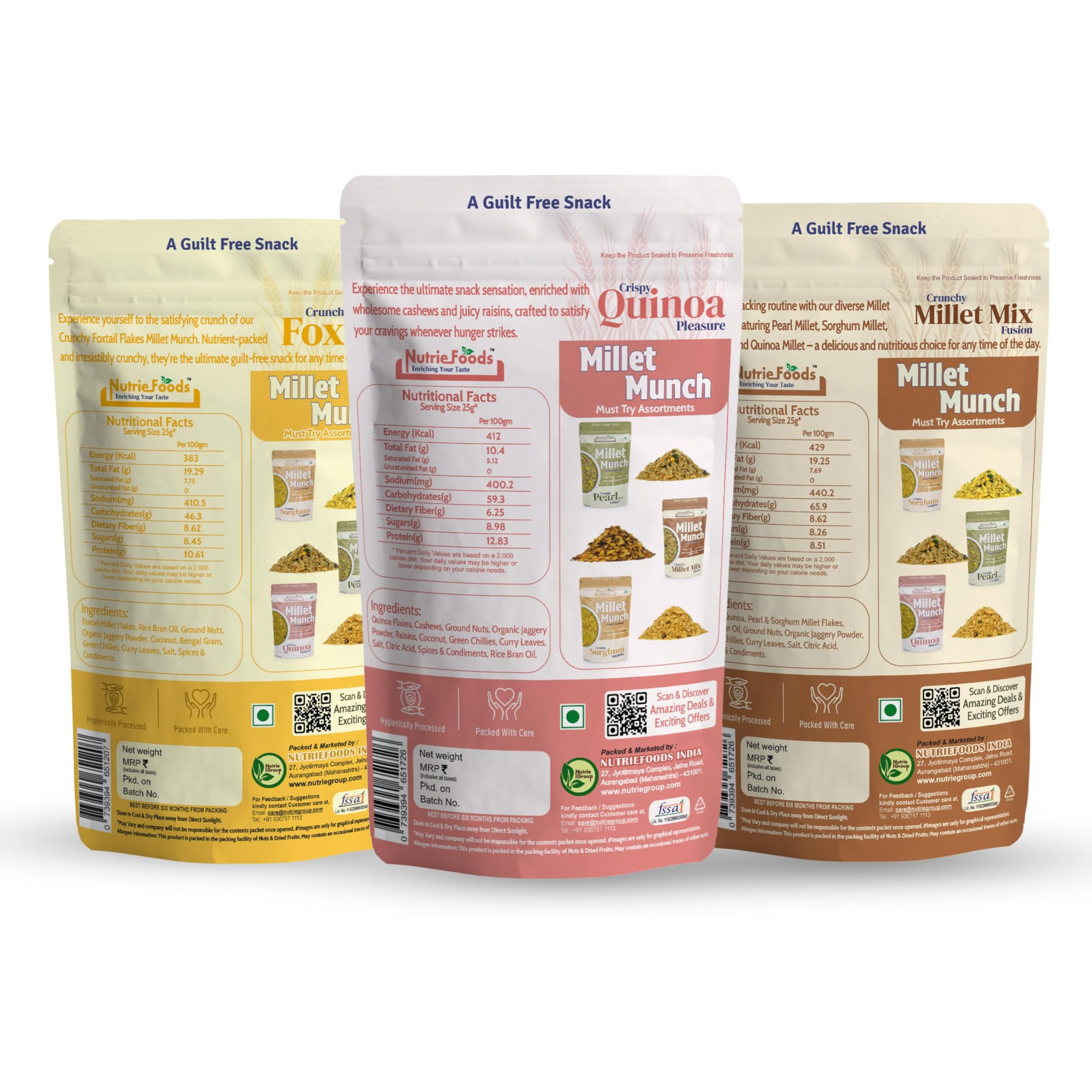 Nutriefoods Millet Munch Snack, 100% Roasted Millets & Guilt Free Snack, Nutritious Munch, Bajra, Jawar, Ragi, Qquinoa, Foxtail Snack (Foxtail, Millet Mix and Quinoa (Pack of 3), 300gm)