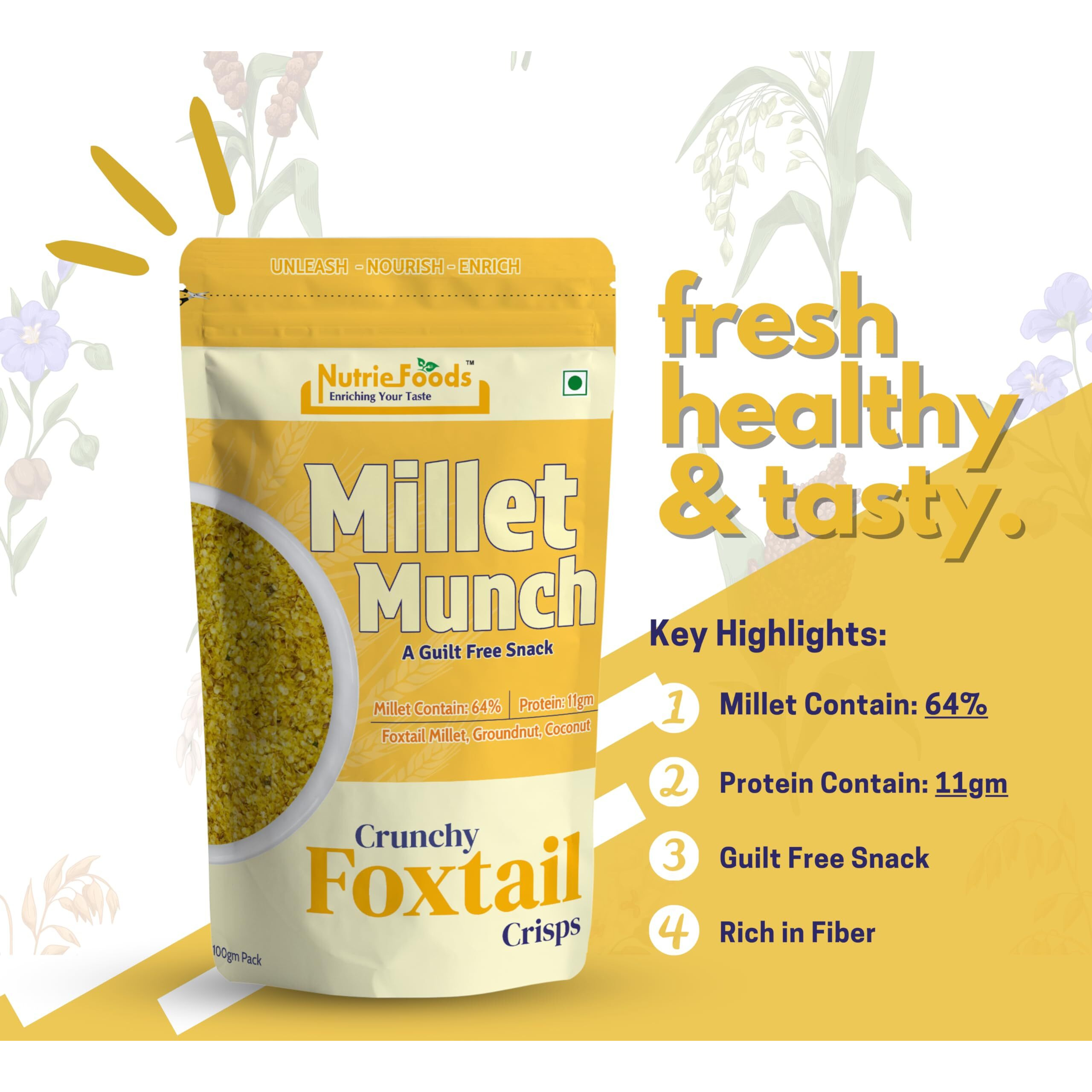 Nutriefoods Millet Munch Snack, 100% Roasted Millets & Guilt Free Snack, Nutritious Munch, Bajra, Jawar, Ragi, Qquinoa, Foxtail Snack (Foxtail, Millet Mix and Quinoa (Pack of 3), 300gm)
