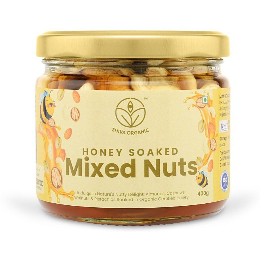 Shiva Organic Mixed Nuts in Honey (Almonds, Walnuts, Cashew, Pista) -400g | Crunchy, Rich in Protein, Magnesium, Phosphorus, and Dietary Fibre | Energy Booster