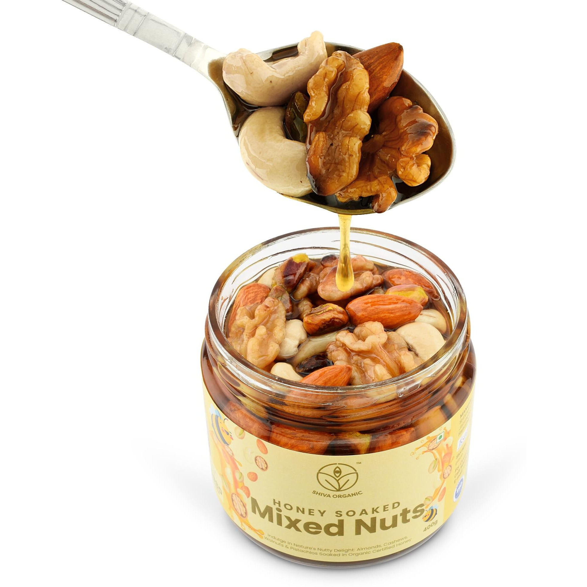Shiva Organic Mixed Nuts in Honey (Almonds, Walnuts, Cashew, Pista) -400g | Crunchy, Rich in Protein, Magnesium, Phosphorus, and Dietary Fibre | Energy Booster