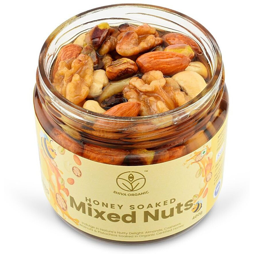 Shiva Organic Mixed Nuts in Honey (Almonds, Walnuts, Cashew, Pista) -400g | Crunchy, Rich in Protein, Magnesium, Phosphorus, and Dietary Fibre | Energy Booster