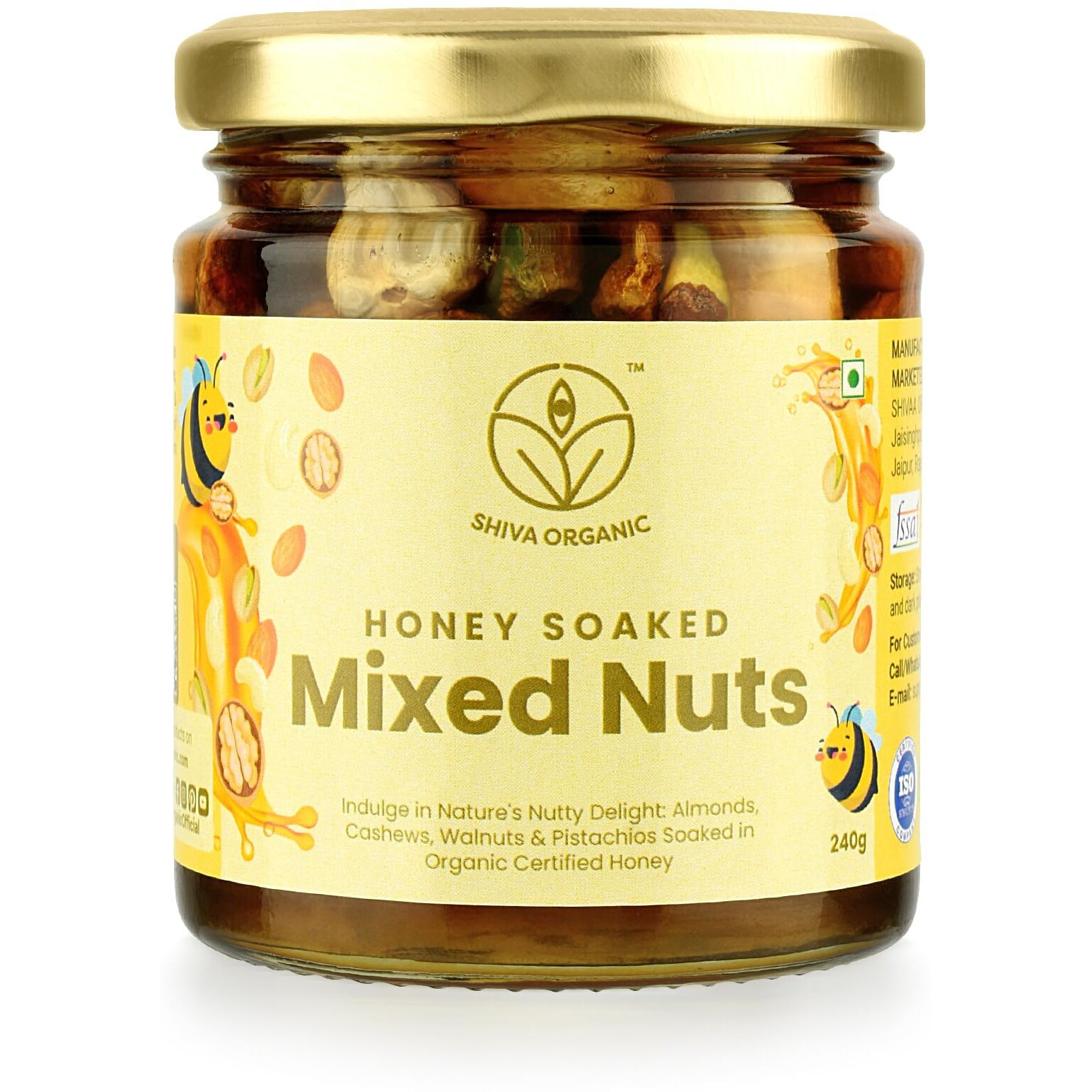 Shiva Organic Mixed Nuts in Honey (Almonds, Walnuts, Cashew, Pista) - Crunchy, Rich in Protein, Magnesium, Phosphorus, and Dietary Fibre | Energy Booster - 240 g