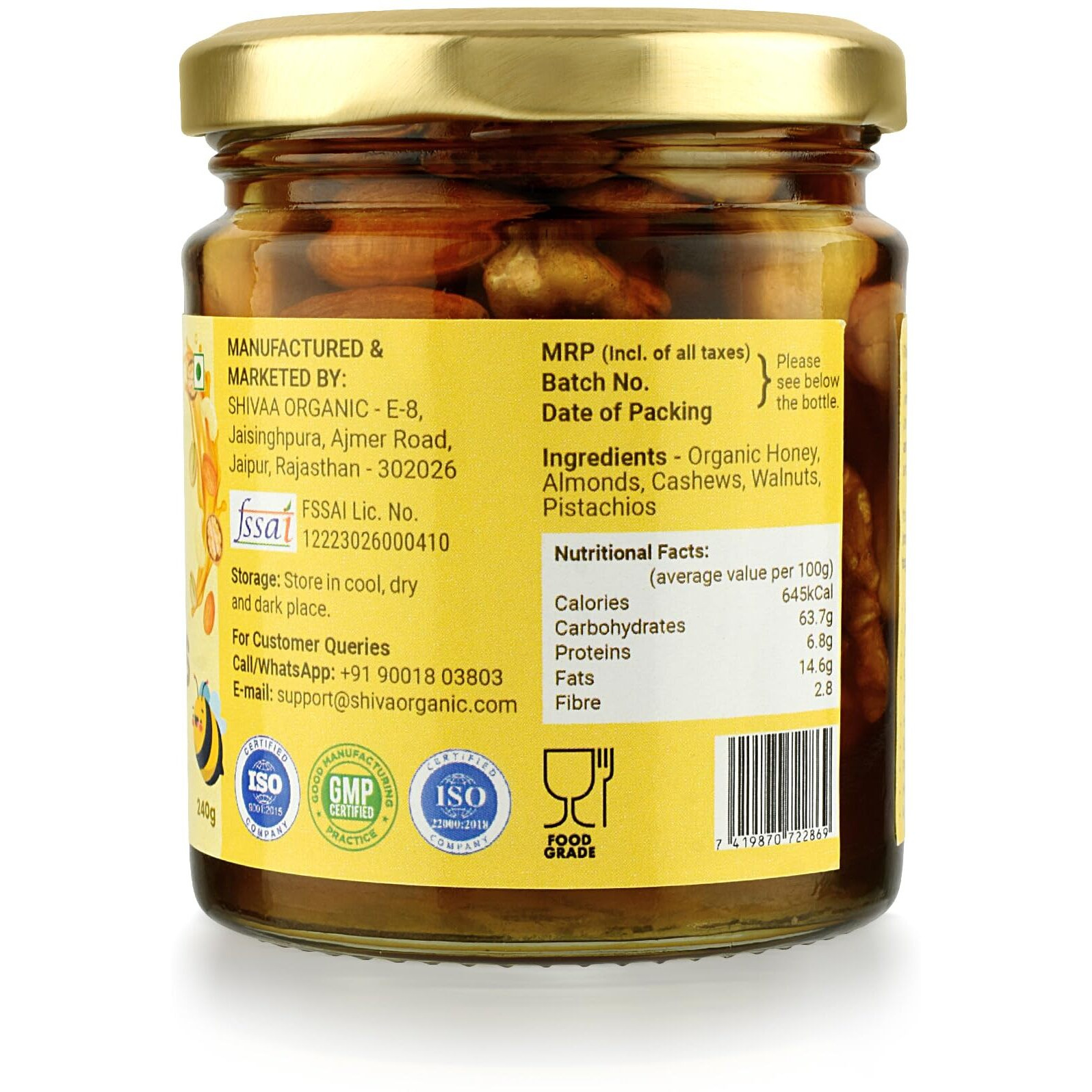 Shiva Organic Mixed Nuts in Honey (Almonds, Walnuts, Cashew, Pista) - Crunchy, Rich in Protein, Magnesium, Phosphorus, and Dietary Fibre | Energy Booster - 240 g