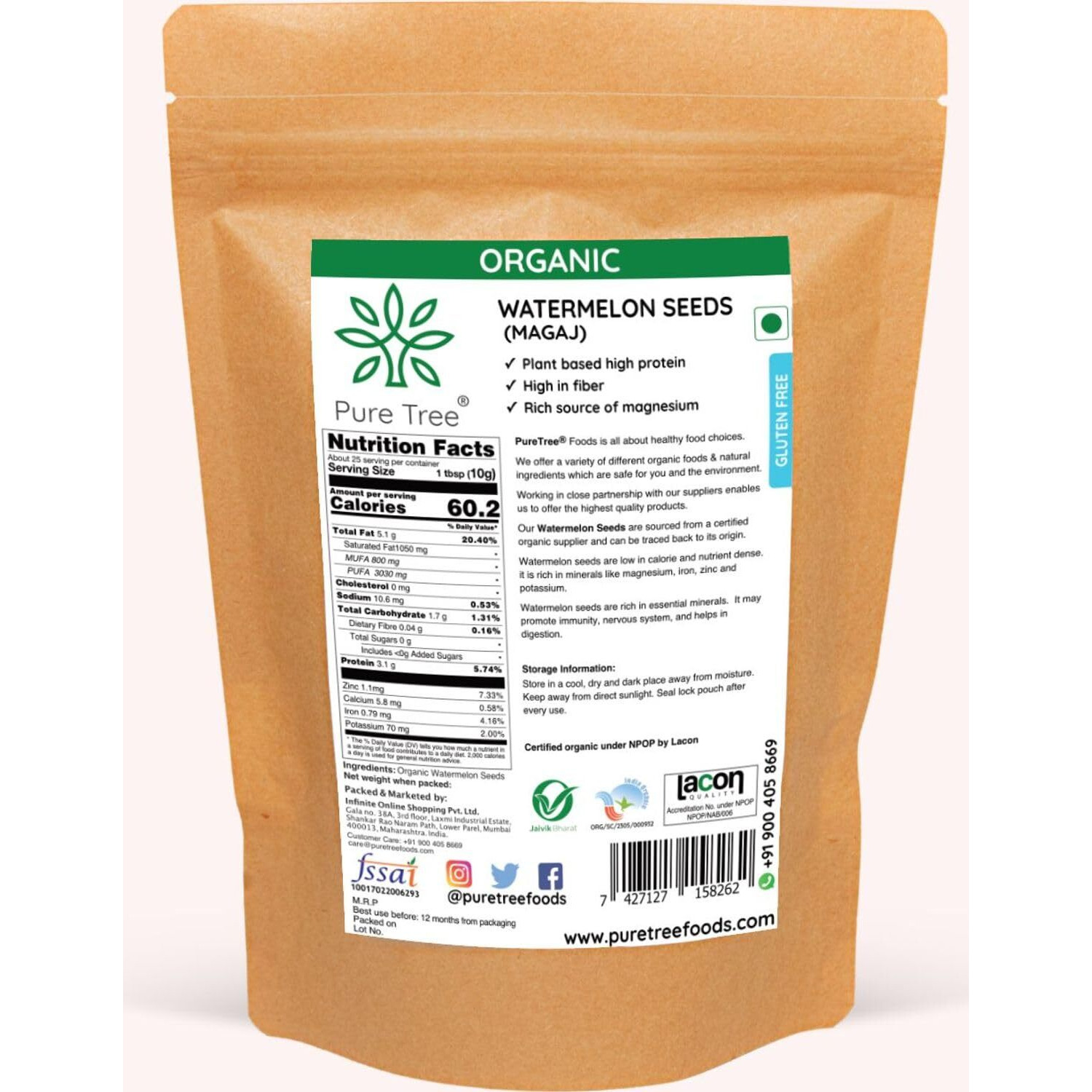 Pure Tree Certified Organic Magaj Seeds | 100 g | Watermelon Seeds | Tarbuj Ke Beej | Organic Seeds for Eating Rich in Protein & Fiber | High In Fiber
