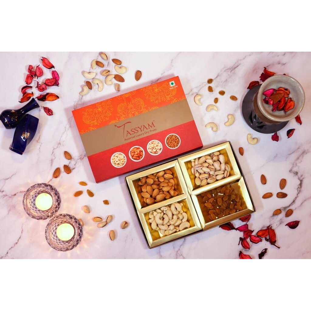 Tassyam Dry Gift Fruit Tray | Gift Hamper of Premium Cashew, Almond, Pistachio & Raisin 200g