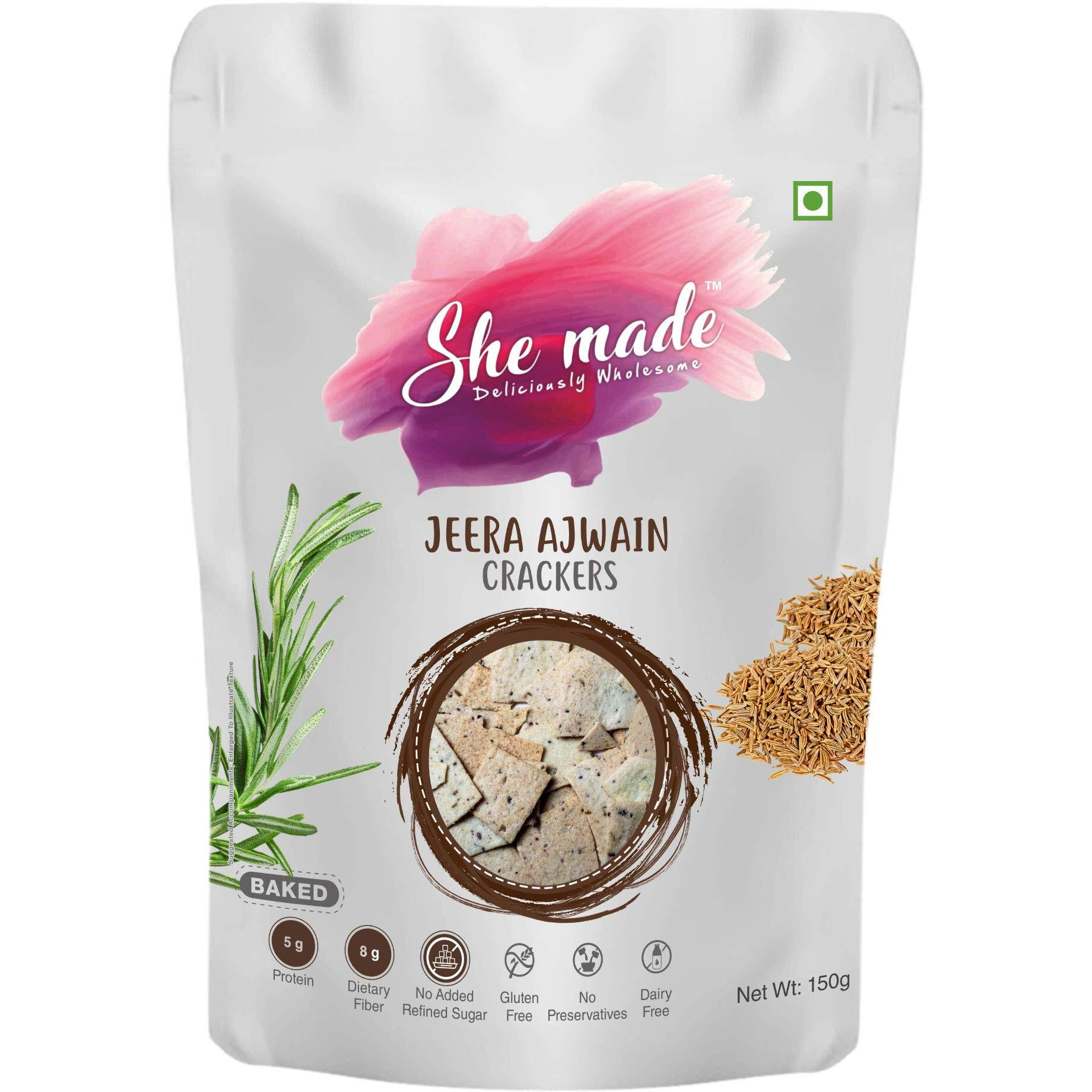 She Made Foods Crackers Biscuit - Jeera Ajwain Flavour, Vegan & Gluten-Free Snack, Healthy Baked Crackers, Tasty Gourmet Bites (150 grams)