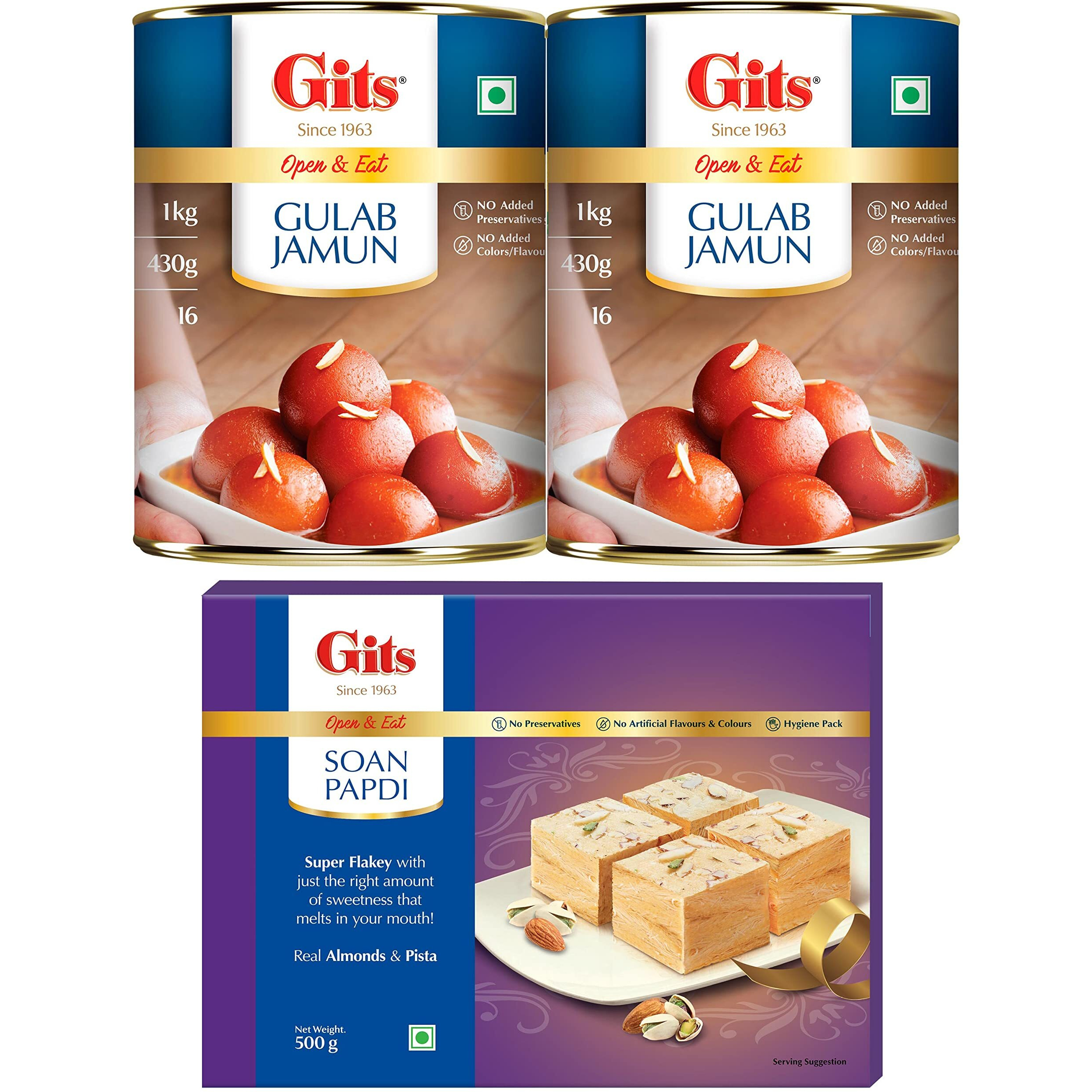 Gits Combo Gulab Jamun and Soan Papdi | Open & Eat Indian Dessert | Gulab Jamun Tin 2 Kg (Pack of 2, 1Kg Each) and Soan Papdi 500g (Pack of 1)