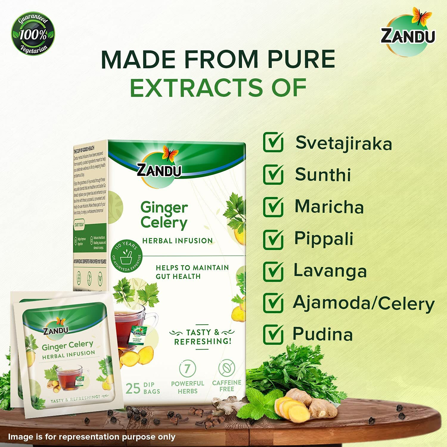 Zandu Ginger Celery Herbal Infusion, a Herbal Tea Enriched with Ayurvedic Ingredients (25 Tea Bags)